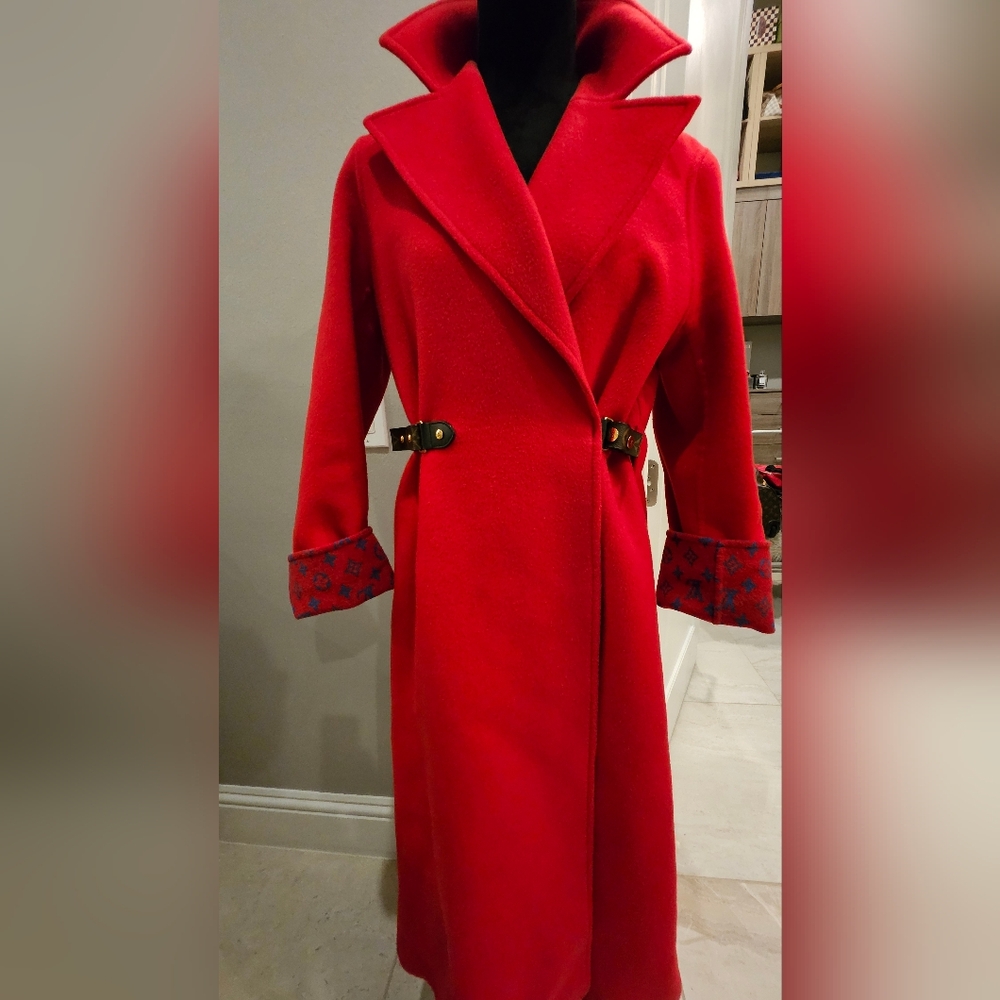 Authentic Louis Vuitton Red Coat 38 NEW Rare LV Monogram Detail Luxury Outerwear